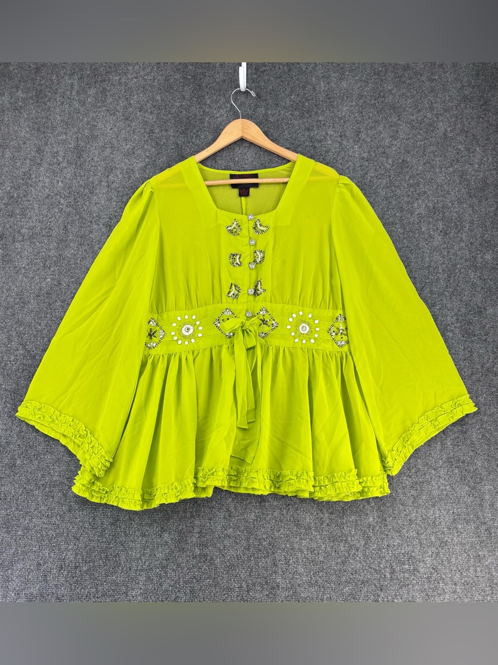 Ashro Chartreuse Green Whimsy Boho Fairycore Ruffle Gem Sheer Blouse Women’s XL